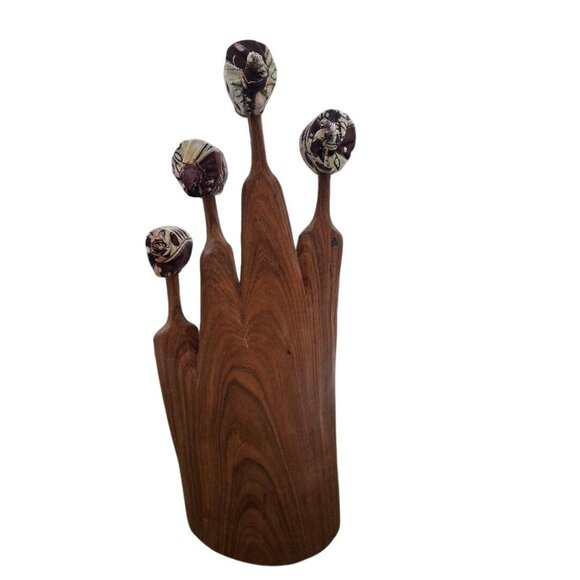 Hand-Carved Wooden Sculpture With Tribal Face Design - 10" Tall Unique Rustic De - Picture 2 of 5